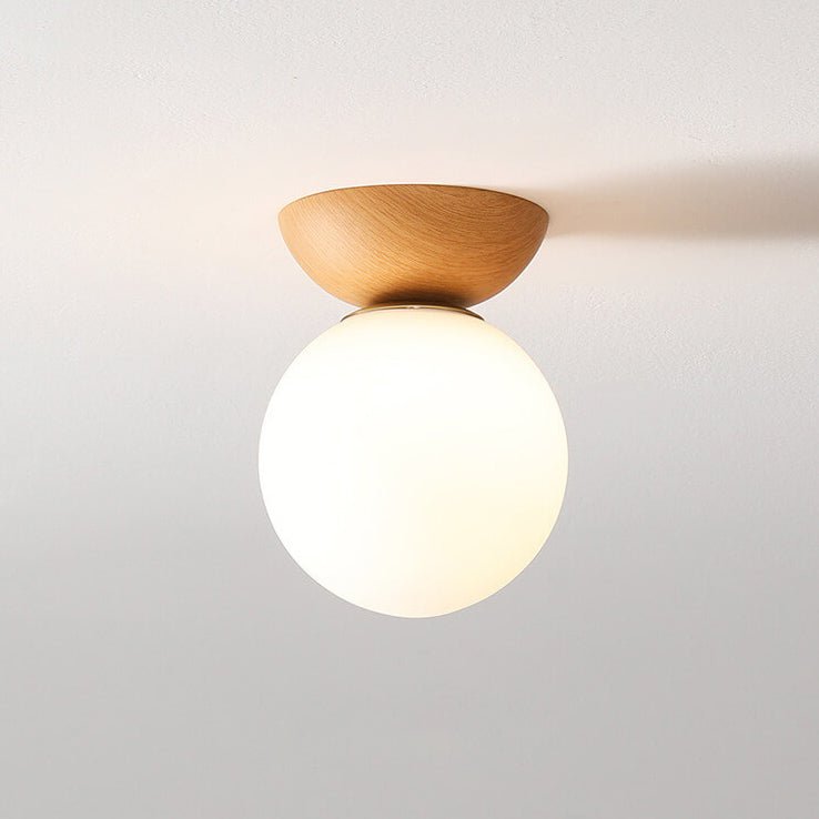 Scandi Globe Flush Mount Ceiling Light – Wood & Glass Minimalist Fixture