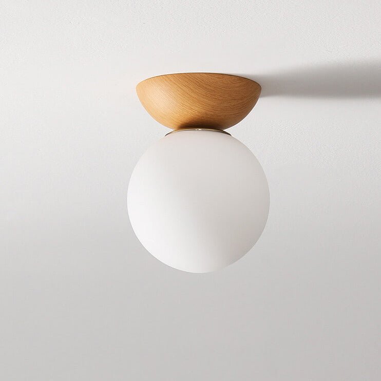 Scandi Globe Flush Mount Ceiling Light – Wood & Glass Minimalist Fixture