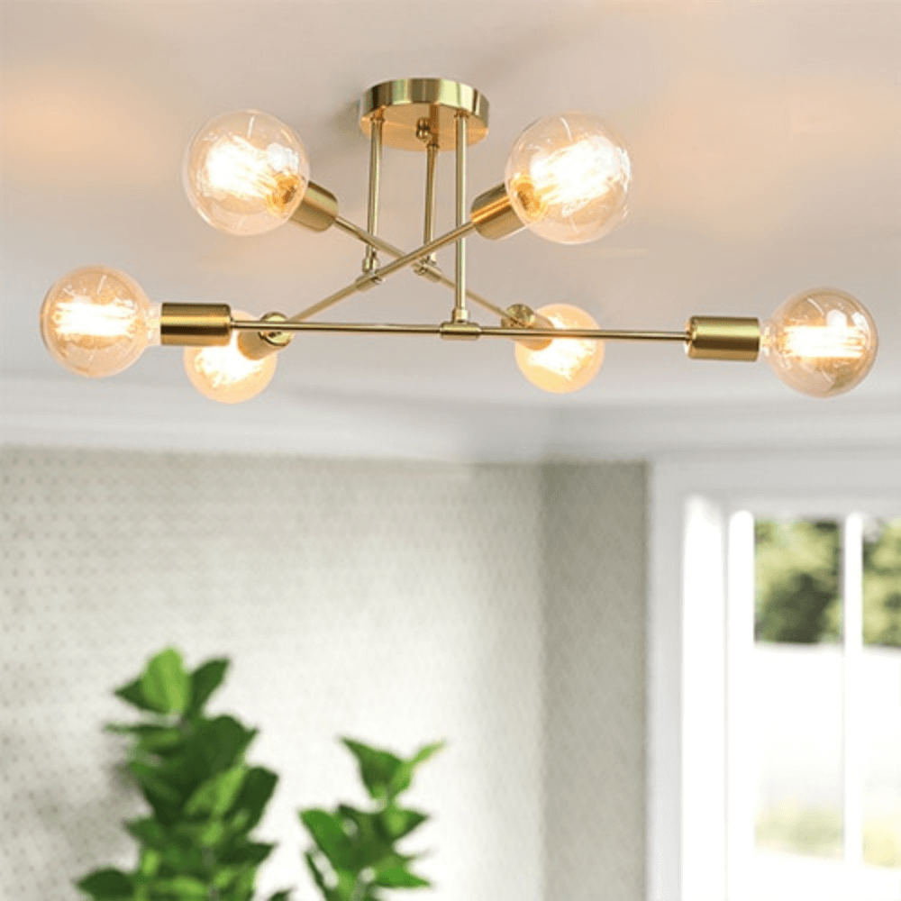 Modern Brass Ceiling Light – 6 Bulb Industrial Style Fixture