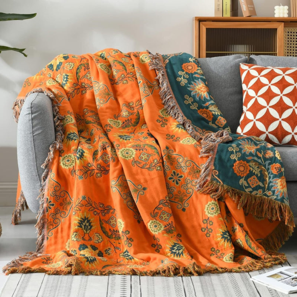 Living Room Vintage Floral Throw Blanket | Reversible Design