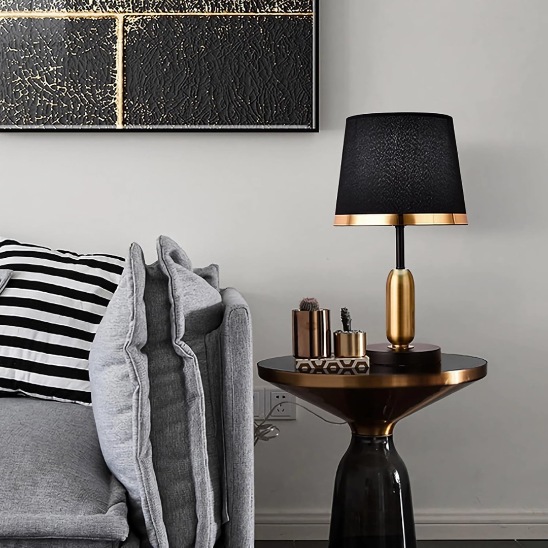 Modern Black & Gold Table Lamp with Fabric Shade – Bedside Light