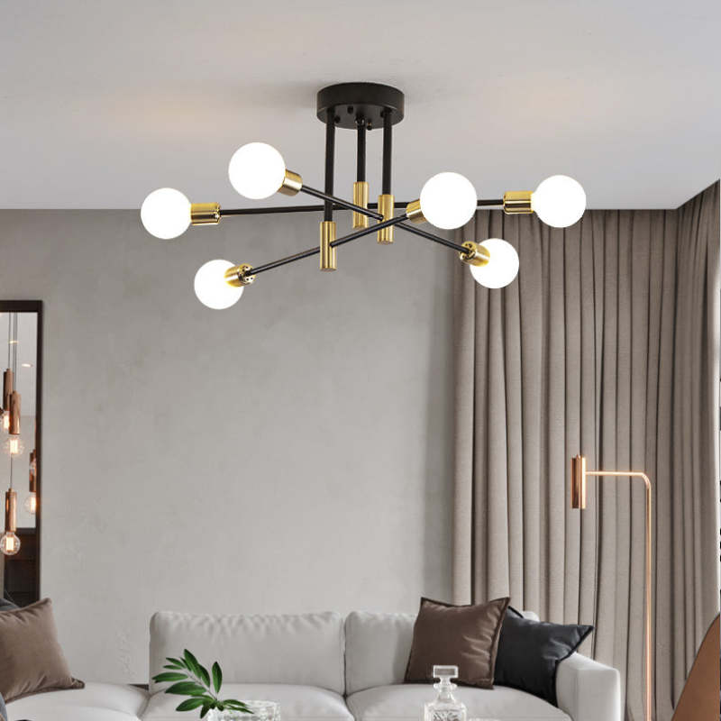 Modern Industrial Ceiling Light – 6-Arm Flush Mount with Exposed Bulbs