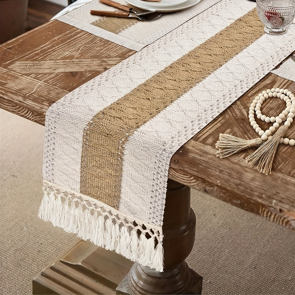 Boho Table Runner with Macramé Fringe – Neutral Beige