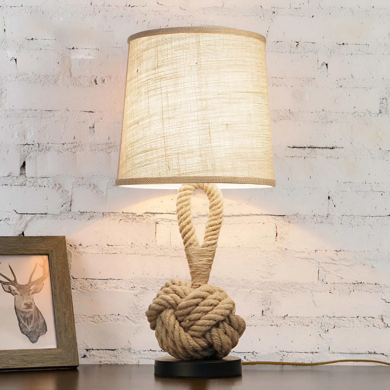 Rustic Rope Table Lamp – Nautical Jute Light with Fabric Shade