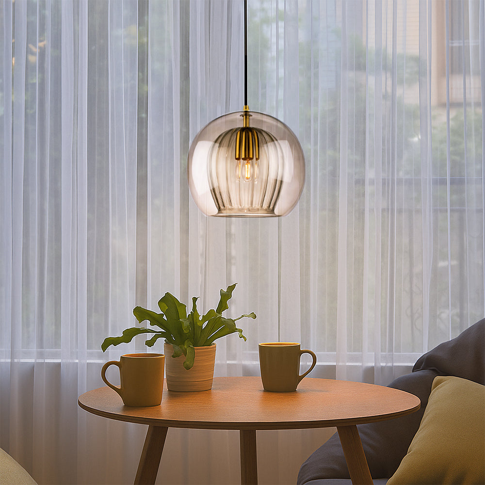 Smoked Glass Pendant Light – Modern Globe Hanging Lamp