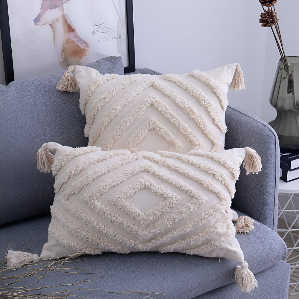 Boho Tufted Cushion Covers with Tassels – Neutral Cream
