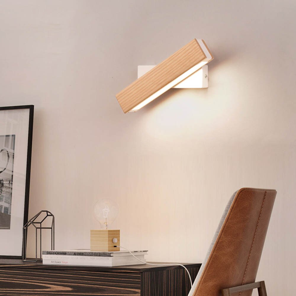 Rotatable Wooden LED Bedside Wall Lamp – Modern Reading Light