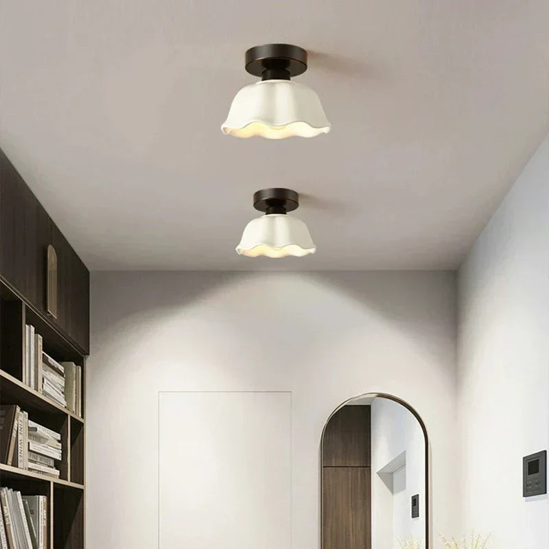 Nordic Ceramic Ceiling Light with Wavy Glass Shade