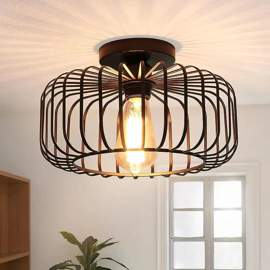 Industrial Black Cage Flush Ceiling Light – Vintage Bulb Fixture