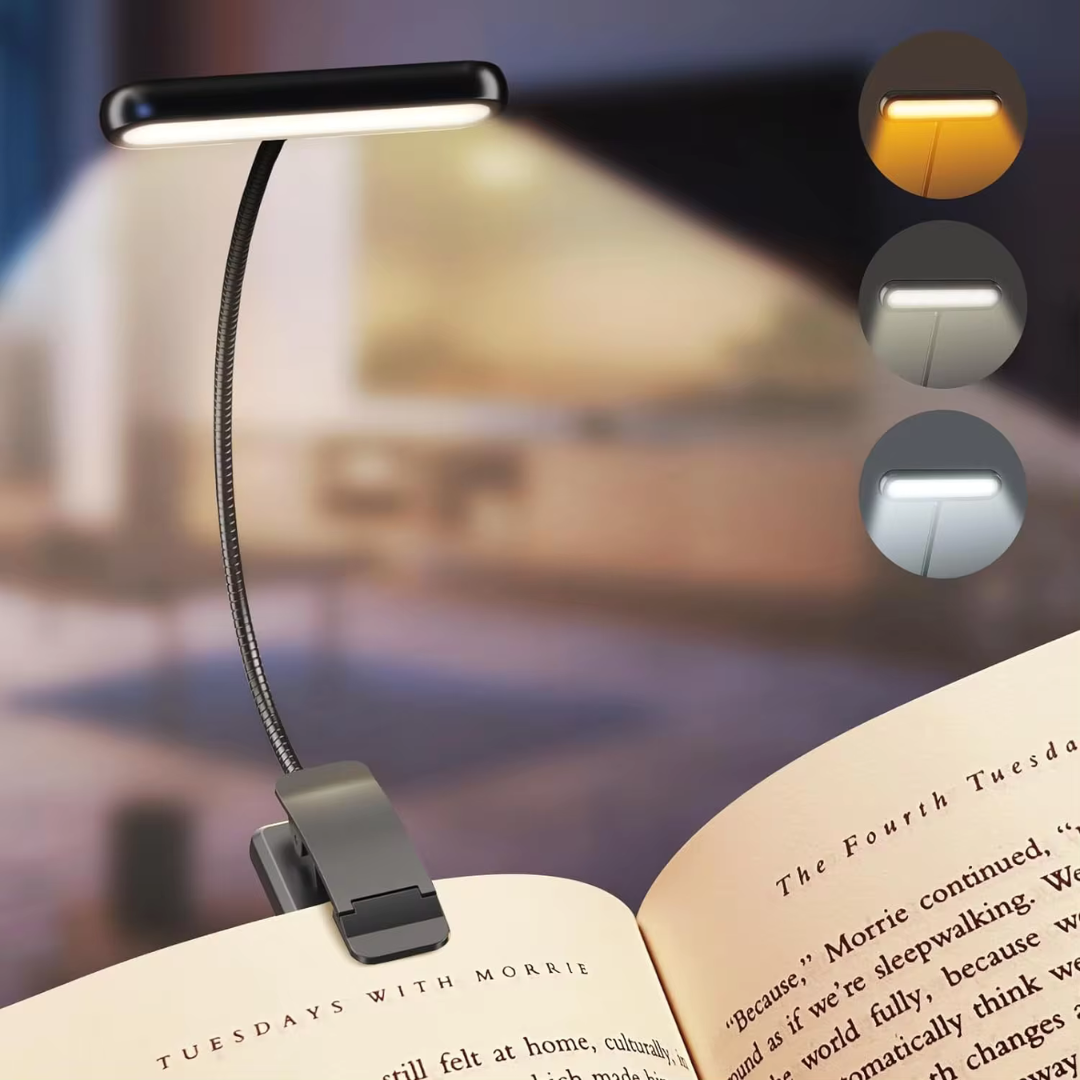 Rechargeable LED Clip-On Book Light – Adjustable Brightness & Colour Modes