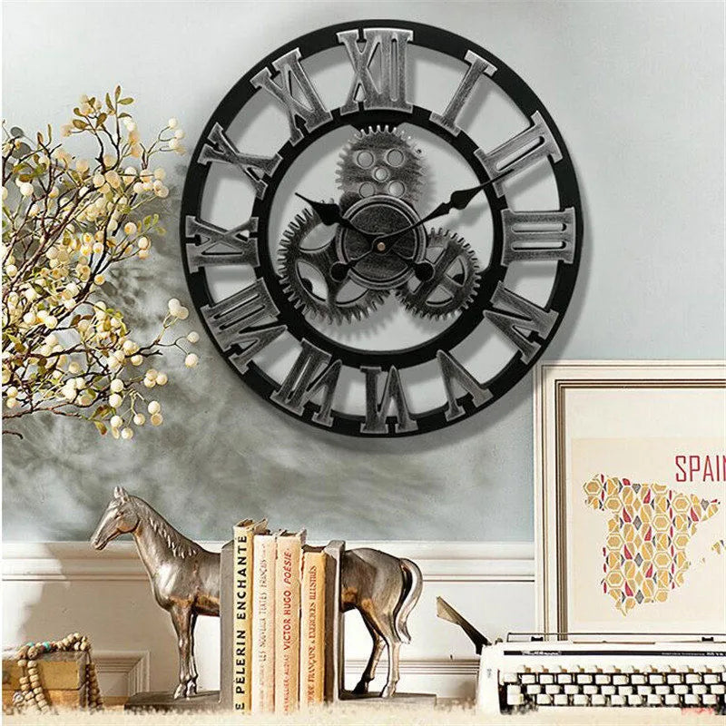 Industrial Gear Wall Clock with Roman Numerals – Vintage Metal