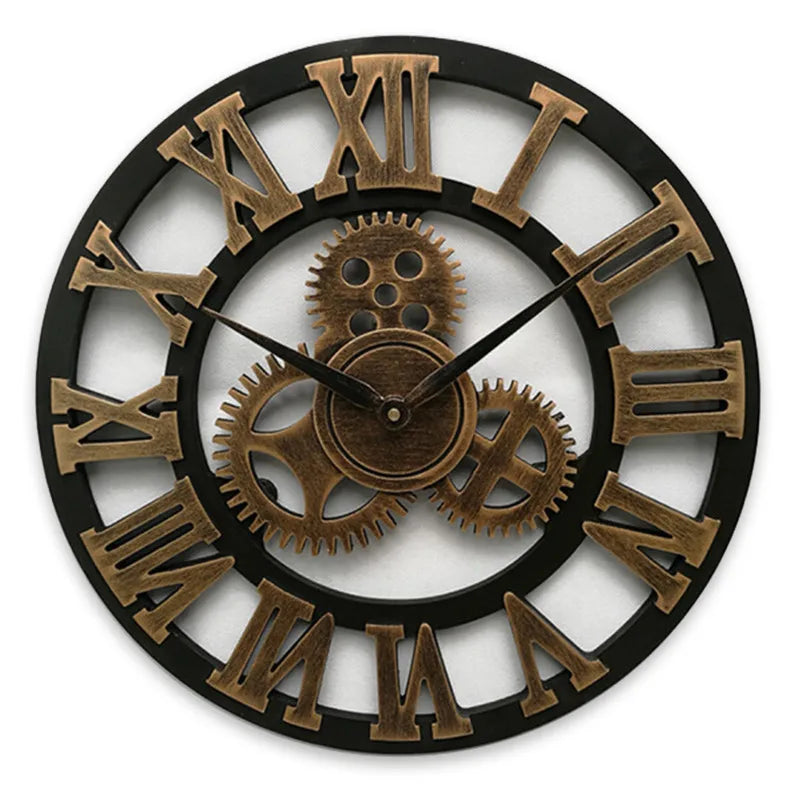 Industrial Gear Wall Clock with Roman Numerals – Vintage Metal