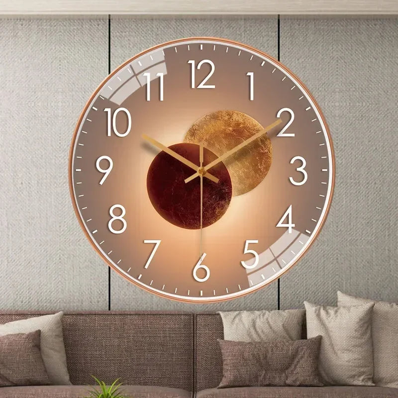 Modern Silent Wall Clock with Gold and Burgundy Disc Design