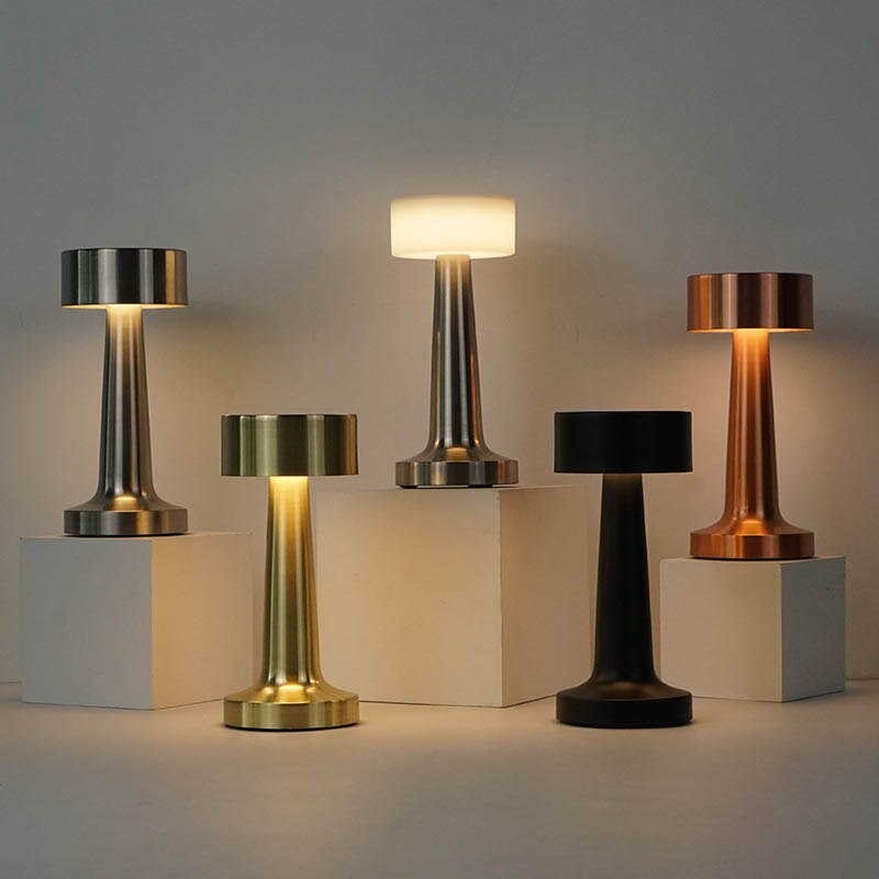 Metallic LED Table Lamp – Modern Rechargeable Lighting in Brushed Steel, Copper or Gold