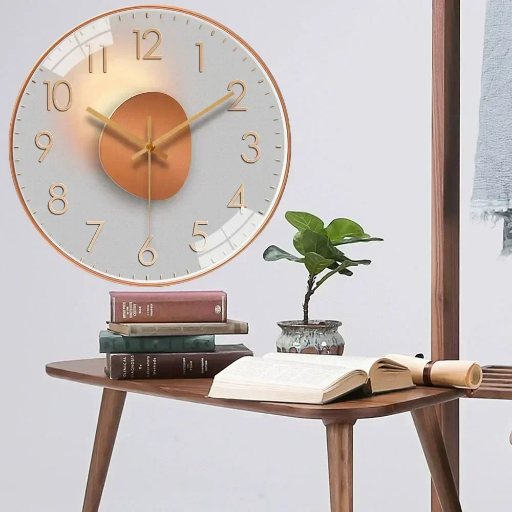 Modern Silent Wall Clock with Gold and Burgundy Disc Design