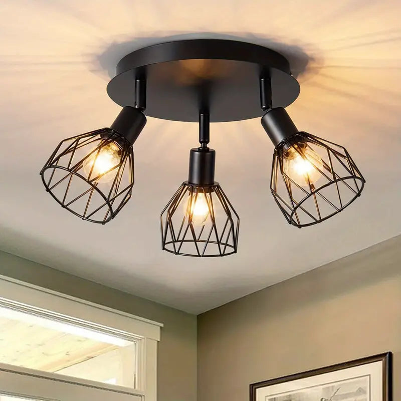 Industrial 3-Light Ceiling Fixture in Black Metal Cage Design
