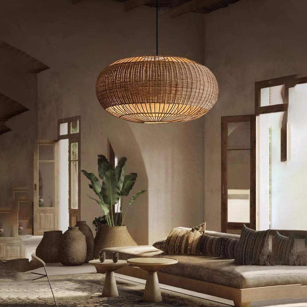 Handcrafted Rattan Pendant Light Flat Round