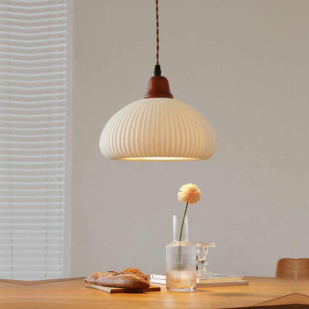 Modern Japandi Ribbed Ceramic Pendant Light – Soft Warm Glow